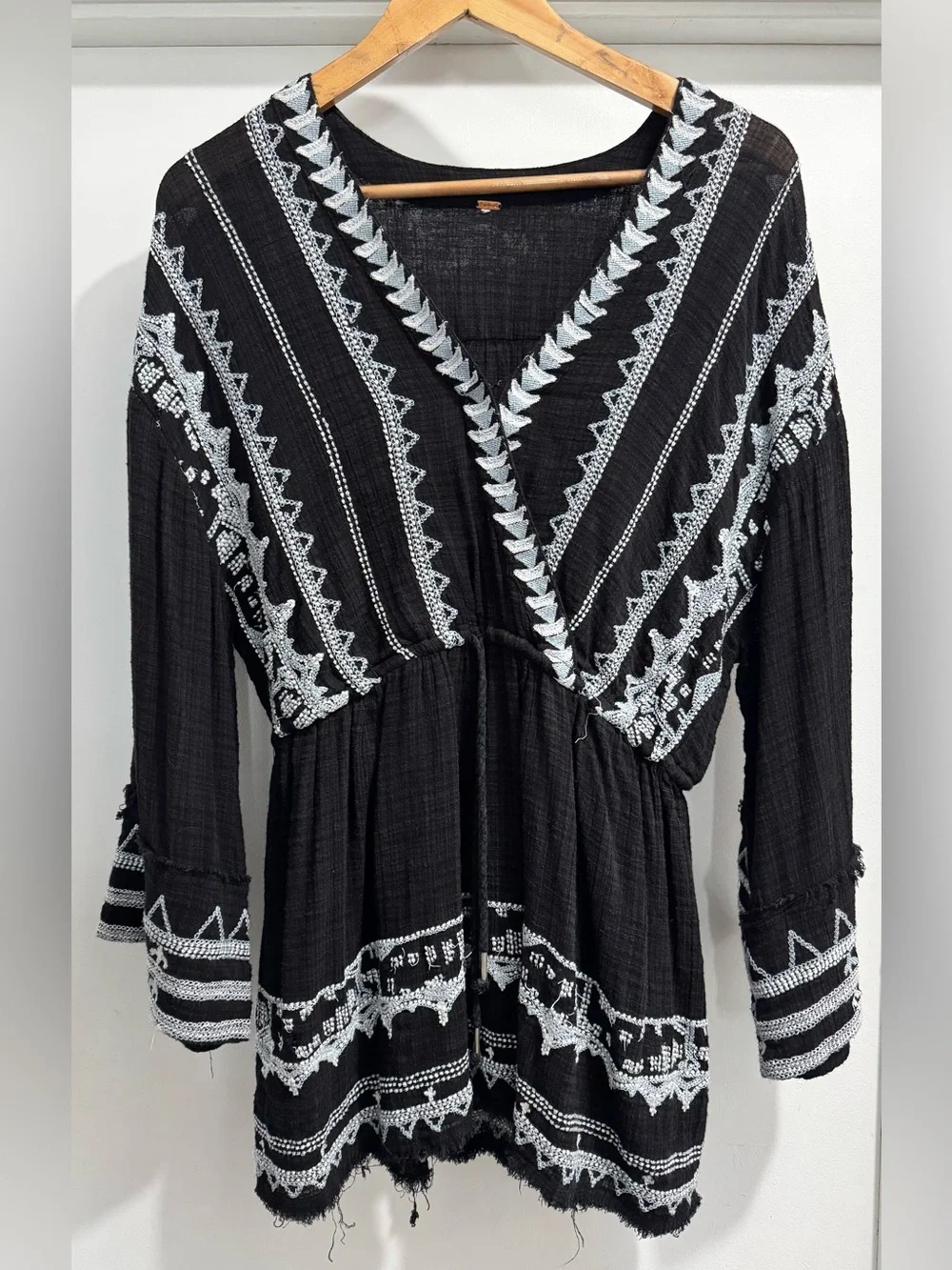Free People Black Tunic with White and Blue Embroidered Trim